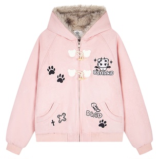 SREK小众设计kt刺绣拉链卫衣男女冬季新款情侣座山雕棉服加厚外套