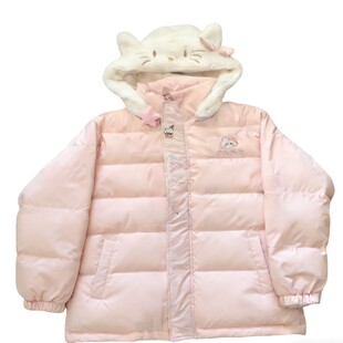 原创可爱kt猫加厚粉色外套国标白鸭绒双面羽绒服女毛绒绒连帽开衫