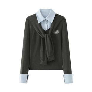 Pearlmise 原创设计感系带披肩修身polo领假两件长袖显瘦T恤女