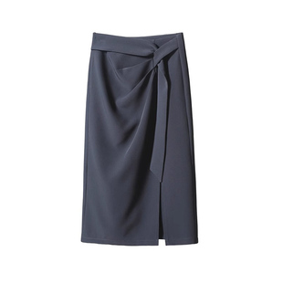 大码胖MM西装半身裙女装夏季中长款设计感绑带高腰开叉一步包臀裙