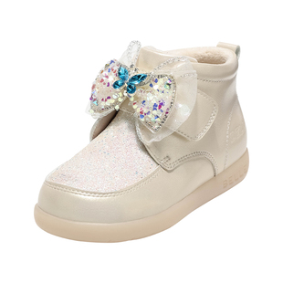 百丽童鞋女童闪灯棉鞋小女孩公主靴冬季新款加绒保暖发光宝宝短靴