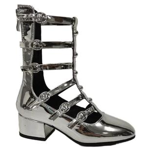 金色银色亮漆皮粗跟短靴镂空皮带扣短筒凉靴模特走秀比赛表演小码