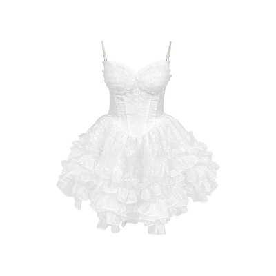白色烧花蓬蓬吊带裙珍珠胸衣