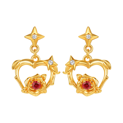 明牌珠宝心动信号5G黄金耳饰 足金锆石镶嵌镂空玫瑰耳钉AFH0503