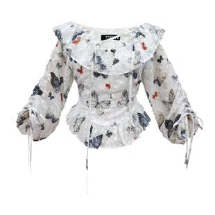 鲸鱼原创自制蝴蝶印花剪花边荷叶领衬衣交叉系带圆弧下摆仙仙上衣