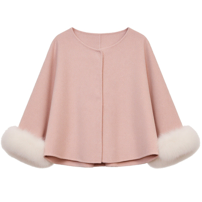 DM100大码百分百女微胖mm冬季气质重工狐狸毛短款双面呢羊毛外套