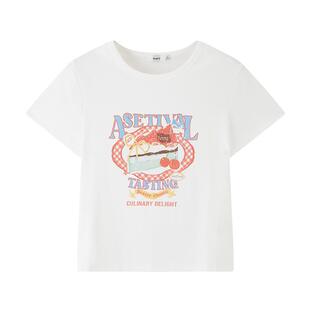 三福短袖T恤女2026新款夏季水果蛋糕印花短款圆领上衣女装521298
