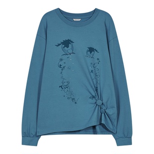 eihey诶嘿26秋季可爱少女哭泣的眼睛造型印花褶皱花边圆领长袖T恤