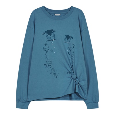 eihey诶嘿26秋季可爱少女哭泣的眼睛造型印花褶皱花边圆领长袖T恤