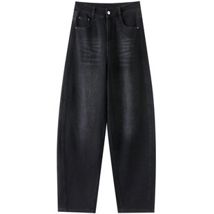 高级感黑灰色弯刀牛仔裤女秋冬加绒加厚宽松显瘦休闲香蕉阔腿裤子