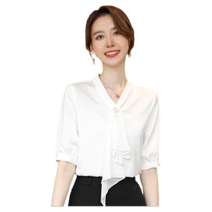 诗璐雅修身围巾领衬衫女短袖薄款夏季小众设计感雪纺衫上衣女神范