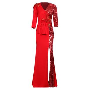 创意狐红色敬酒服新娘答谢服晚宴高端宴会主持人礼服长款演出服女