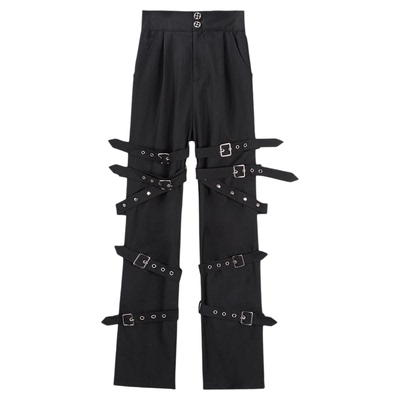 Metal Buckle Denim Straight-Leg Trousers金属扣牛仔直筒长裤女