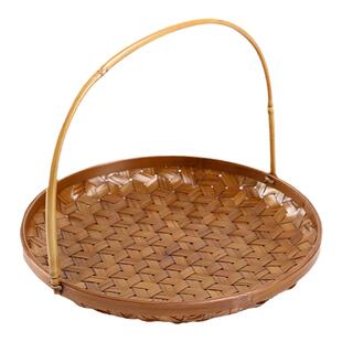 大漆竹编提篮浅果盘复古手工茶点盘干果面包篮子中式小号大号圆形