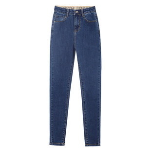 紧身牛仔裤女2026新款春季加绒高弹力修身铅笔裤高腰深蓝色小脚裤