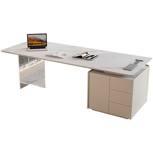 意式极简岩板书桌实木家用写字台办公桌高端电脑桌美容院洽谈桌子