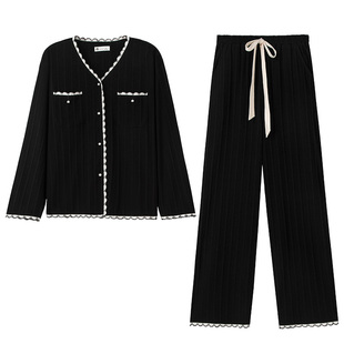 妮狄娅睡衣女士春秋款纯棉长袖v领开衫小香风条纹休闲家居服套装