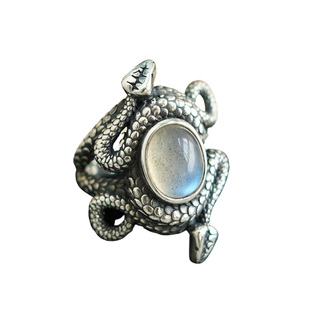 睡莲生生世世 925纯银戒指蛇形天然宝石拉长石复古个性闭口指环