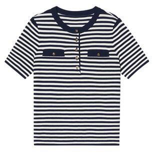 诗篇专选莱赛尔针织衫圆领短袖条纹套头女针织T恤衫2025夏款