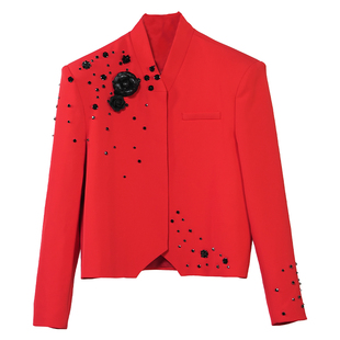 VE2 高级感韩版春节红短款西服外套男设计感立体花朵垫肩夹克礼服
