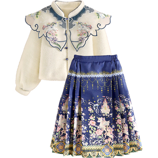 小虎帕蒂女童冬装国风气质刺绣马面裙两件套女宝改良明制汉服套装