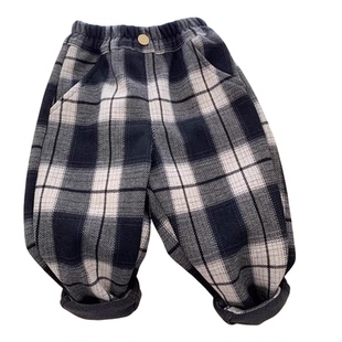 男童一体绒儿童裤子冬季女童加绒格子长裤宝宝韩版洋气装休闲小童