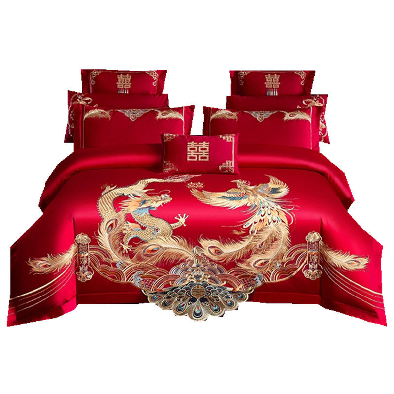 结婚长绒棉全棉四件套纯棉龙凤刺绣婚庆陪嫁新婚房用品送大红被芯