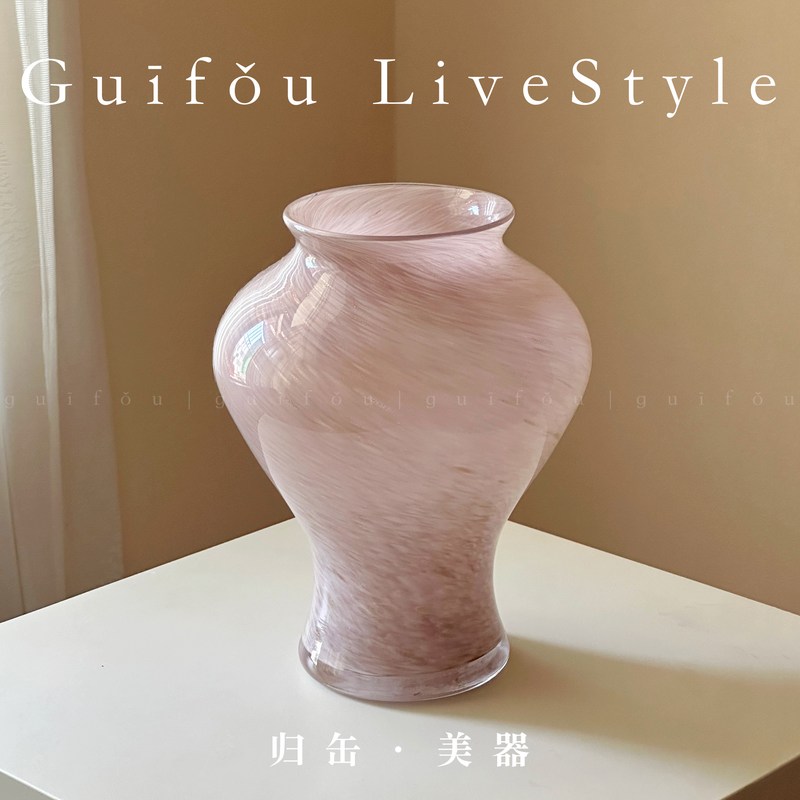 归缶超好看粉红色百合玫瑰水养琉璃玻璃花瓶轻奢高级设计感小众