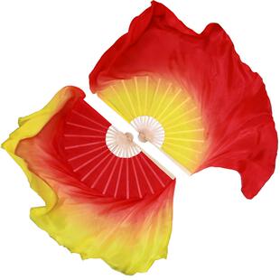 红黄色渐变真丝舞蹈扇加长双面火焰扇彩扇黄红色渐变秧歌扇舞蹈扇