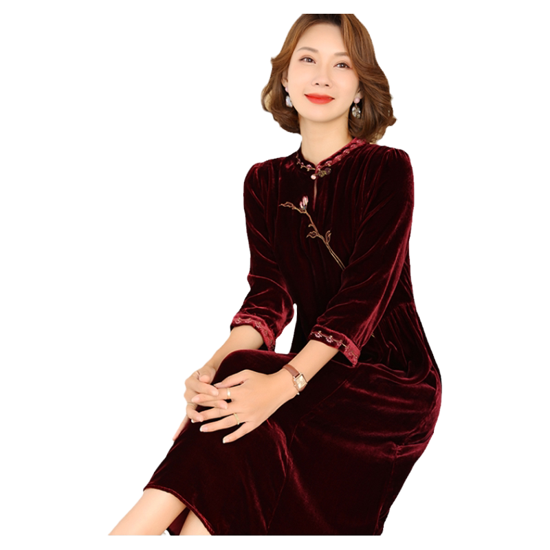 婚宴真丝丝绒连衣裙女中国风喜婆婆桑蚕丝裙子新中式刺绣气质春秋