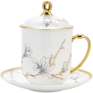 玛戈隆特3头会务盖杯 珐琅彩会议办公家用中式茶杯杯子陶瓷马克杯