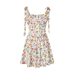 MOISSAC摩萨克100%棉布夏甜美粉色收腰系带碎花吊带短款连衣裙女