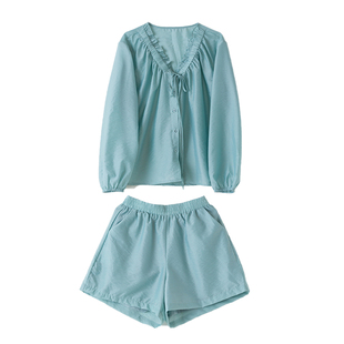 ENJOYME商场同款木耳边抽绳短裤套装女夏季V领纯色简约长袖两件套