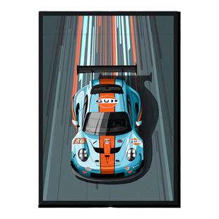 海湾石油gulf涂装汽车挂画保时捷917勒芒赛车汽修店工作室装饰画