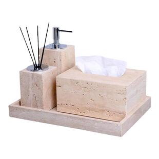 侘寂风大理石黄洞石托盘卫生间台面套装洗手液瓶香薰纸巾盒托盘