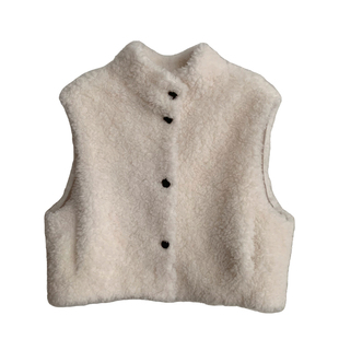 麂皮绒100%羊毛立领皮毛一体无袖马夹2025秋冬款单排扣颗粒绒马甲