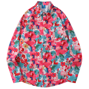 TRAVEL ISSUANCE 热情奔放 日系复古涂鸦花卉长袖宽松衬衫男女bf