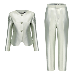 YAR样儿淡绿色简单大方时尚套装酒店会议主持活动修身短外套西裤