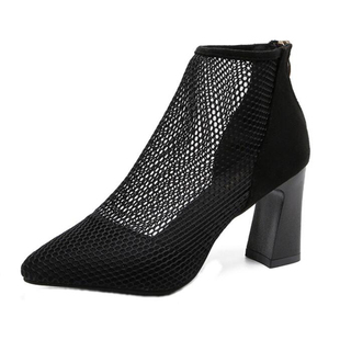 时尚网纱凉靴女中跟短靴粗跟网靴2025春秋尖头镂空仙女鞋高跟单靴
