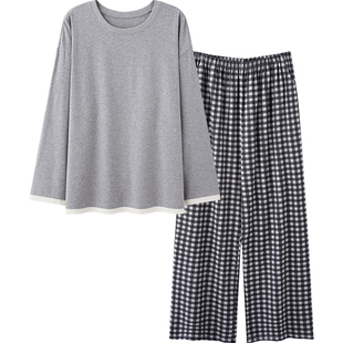 品牌花灰纯棉睡衣男款长袖可外穿格子长裤男士青少年可出门家居服