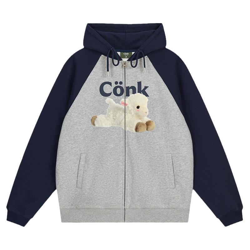 conklab 可可羊撞色插肩拉链开衫卫衣男秋季宽松潮牌连帽衫外套