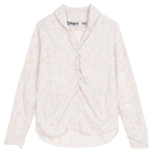 OPEN YY 26春夏新款女士小清新印花褶皱衬衫银泰百货