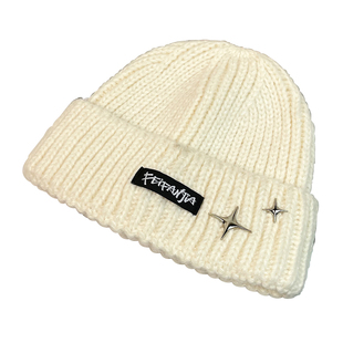 韩版白色针织帽子女潮流字母贴布护耳毛线帽秋冬季保暖星星冷帽女