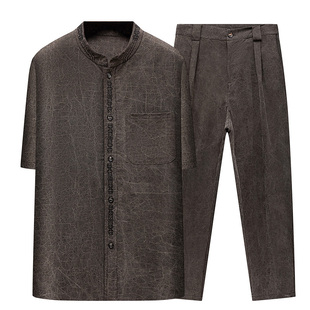 男士香云纱衬衫套装夏季短袖真丝桑蚕丝上衣中式男装禅意国风衬衣