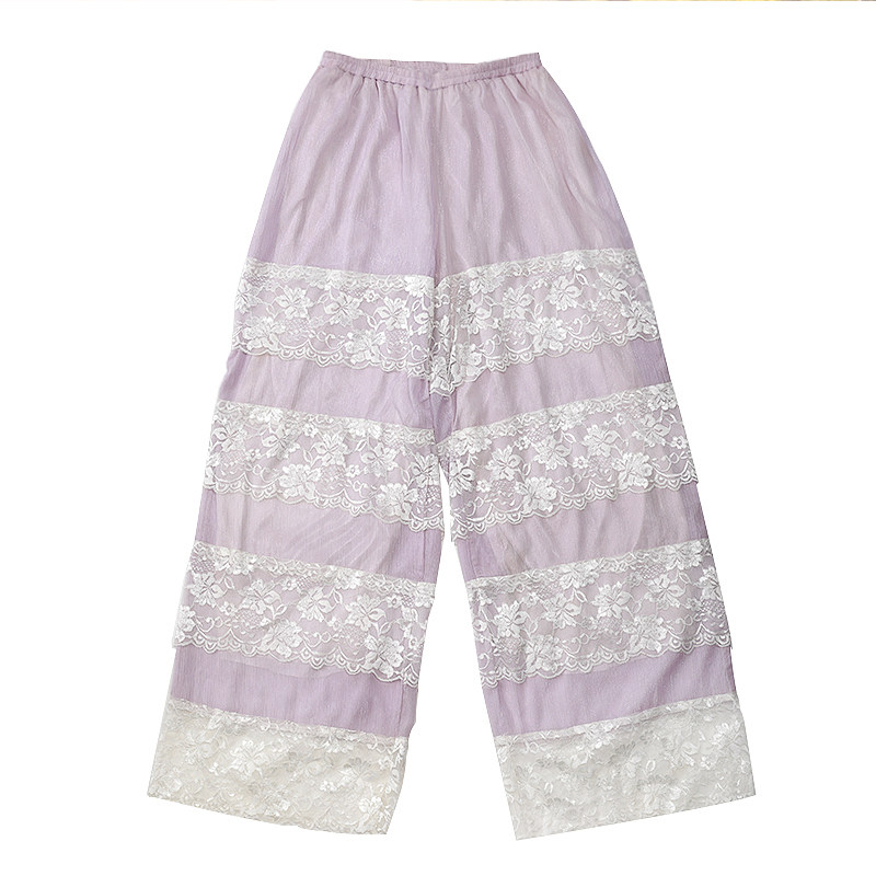 misscherry原创自制早春日系少女风浅紫色闪闪纱拼接蕾丝阔腿长裤