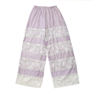 misscherry原创自制早春日系少女风浅紫色闪闪纱拼接蕾丝阔腿长裤