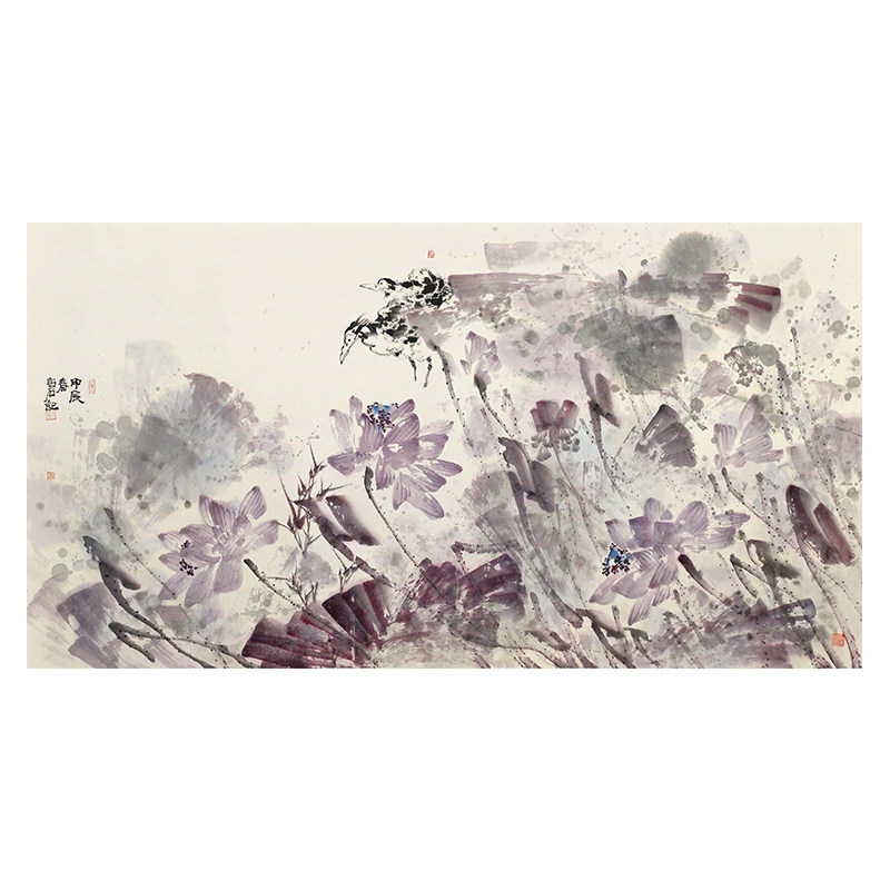 名家手绘紫荷花横幅国画孤品