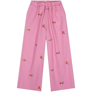 落落狷介 牛仔裤春秋款女2026年粉色裤子刺绣松紧腰阔腿裤设计感