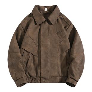 BOYUE帛跃扎染皮衣外套美式复古棕色短款机车帅气高级感夹克男女