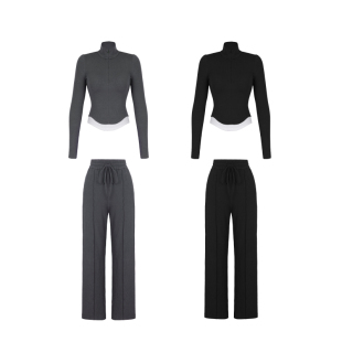 XULU原创优可丝罗纹气质灰长裤百搭拼接下摆圆弧修身上衣两件套装